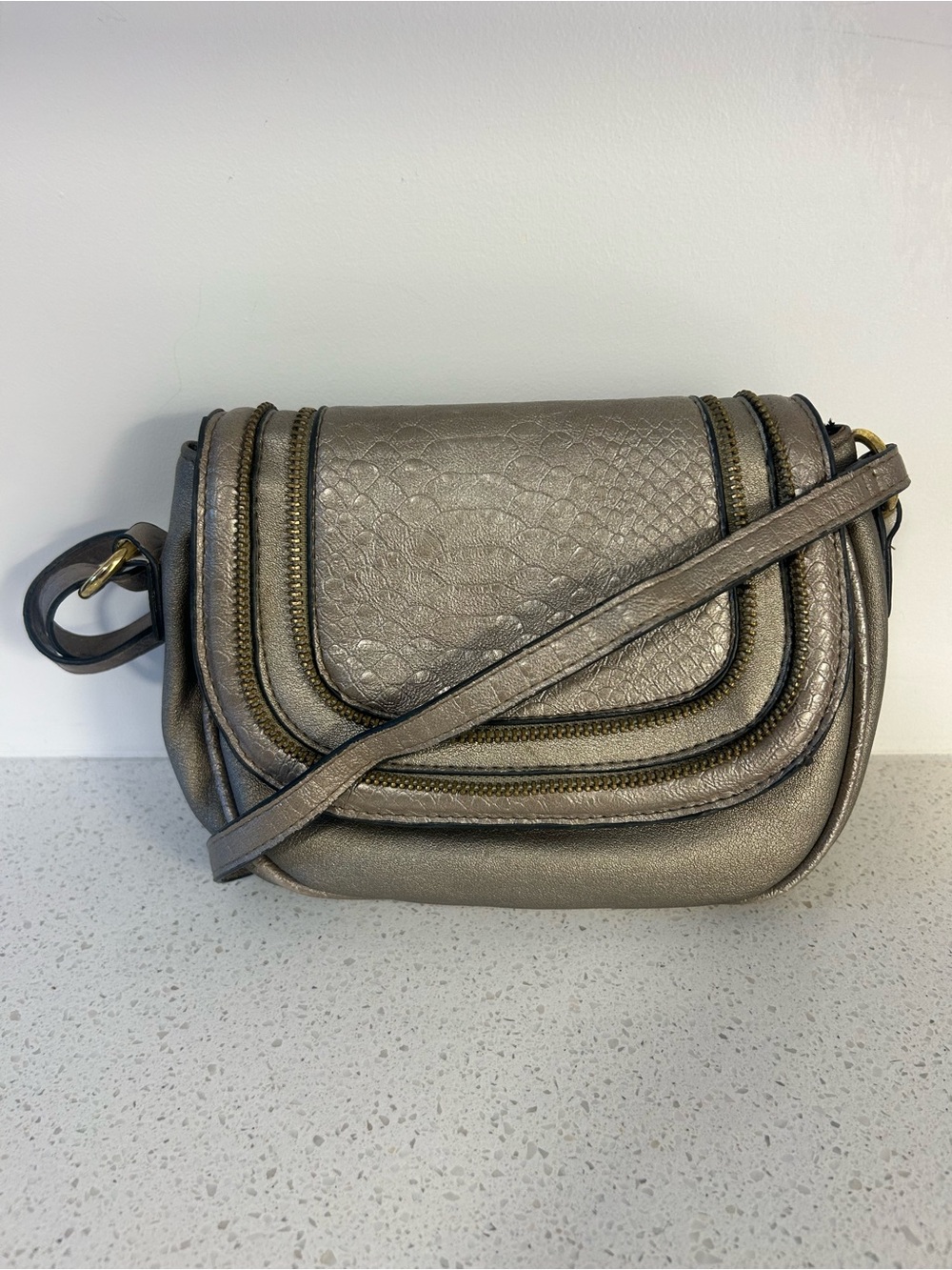 Jessica Simpson Metallic Taupe Crossbody with Gold Hardware and Textured Flap